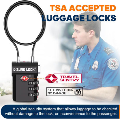 TSA Approved Luggage Locks – 3-Digit Combination Cable Lock with Red Indicator, Large Dial & Easy-Press Button for Suitcases and Backpacks – Multi-Pack & Color Options