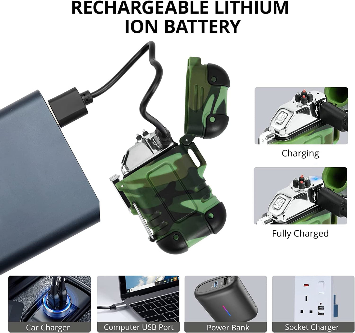 Blaze 360 Rechargeable Electric Lighters, Dual Arc Lighter, Windproof Plasma Lighter, Waterproof Lighter, Flameless Lighter with Whistle Lanyard for Camping (Army Green(Without Flash))