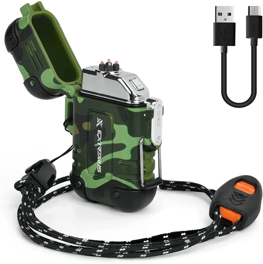 Blaze 360 Rechargeable Electric Lighters, Dual Arc Lighter, Windproof Plasma Lighter, Waterproof Lighter, Flameless Lighter with Whistle Lanyard for Camping (Army Green(Without Flash))