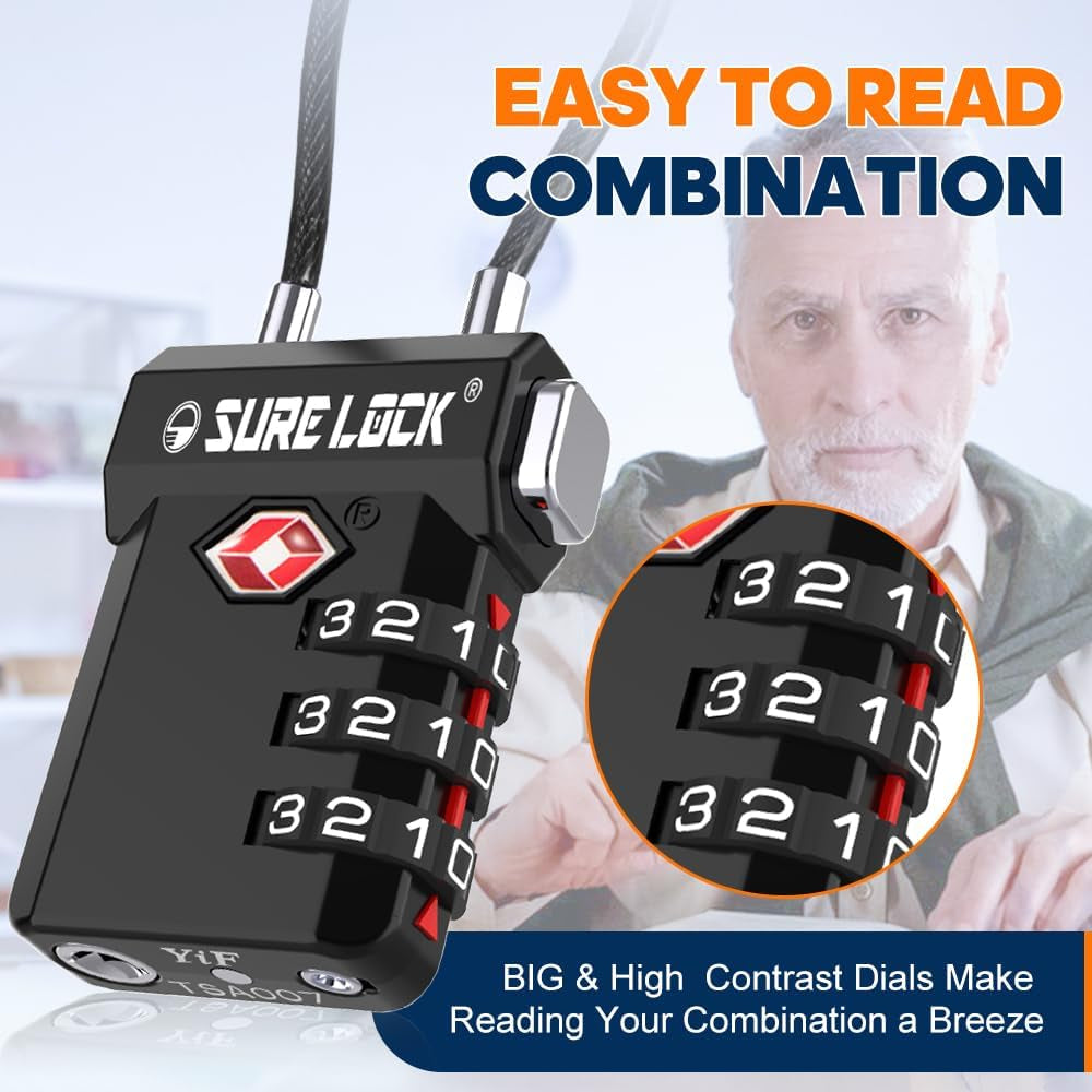 TSA Approved Luggage Locks – 3-Digit Combination Cable Lock with Red Indicator, Large Dial & Easy-Press Button for Suitcases and Backpacks – Multi-Pack & Color Options